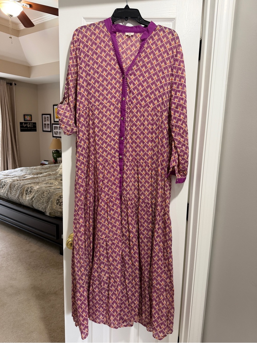 Purple, Boho, Long Sleeve Button-Front Women's Dress